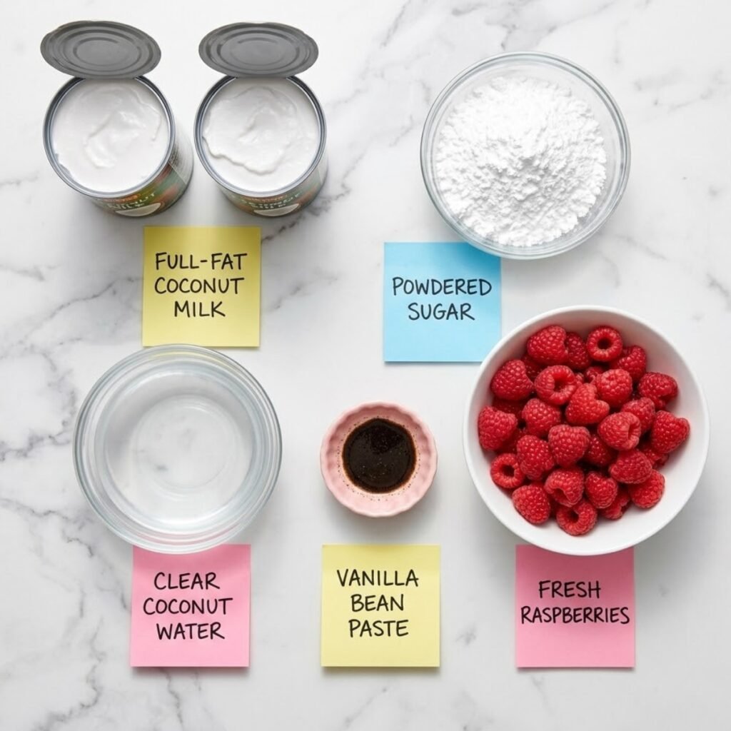 Top down flat lay of coconut mousse ingredients including chilled coconut milk cans, powdered sugar, vanilla paste, and fresh raspberries with handwritten sticky notes.