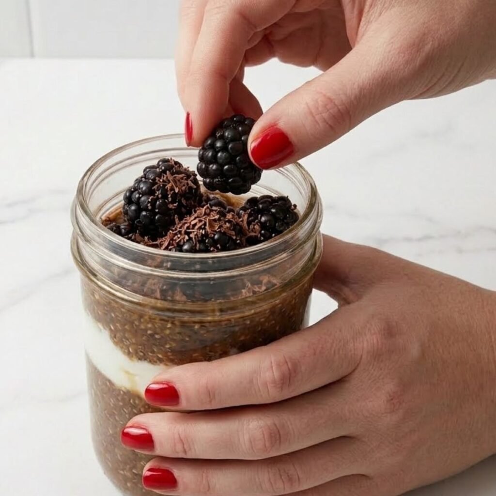 Layered coffee chia pudding in a clear glass jar topped with Greek yogurt, fresh blackberries, and grated dark chocolate, garnished by hands with red nails.