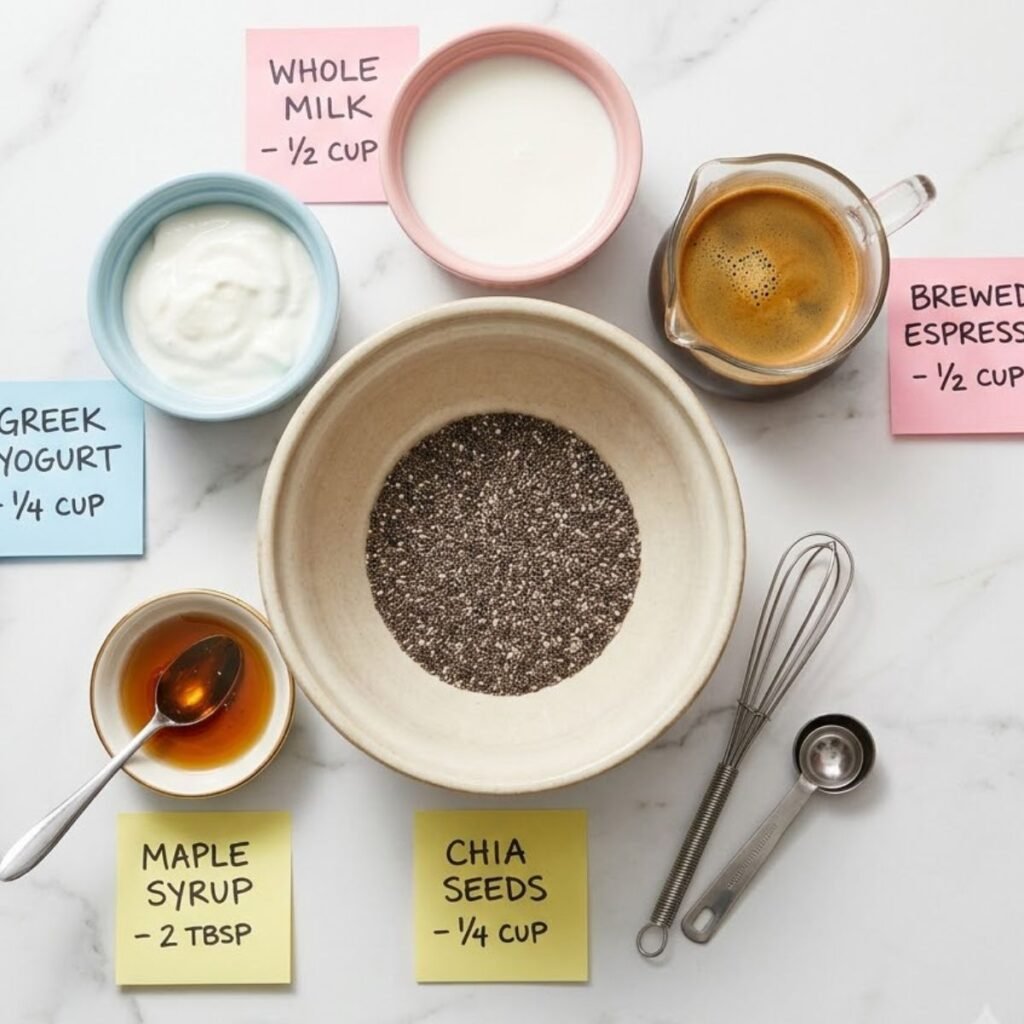 Flat lay knolling of ingredients for coffee chia pudding including chia seeds, espresso, milk, yogurt, and maple syrup in small containers on a marble counter with handwritten sticky notes.