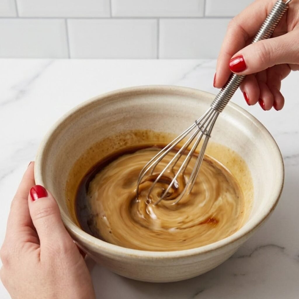 Close-up of a woman with red nails whisking espresso, milk, and maple syrup together in a ceramic bowl on a marble countertop.
