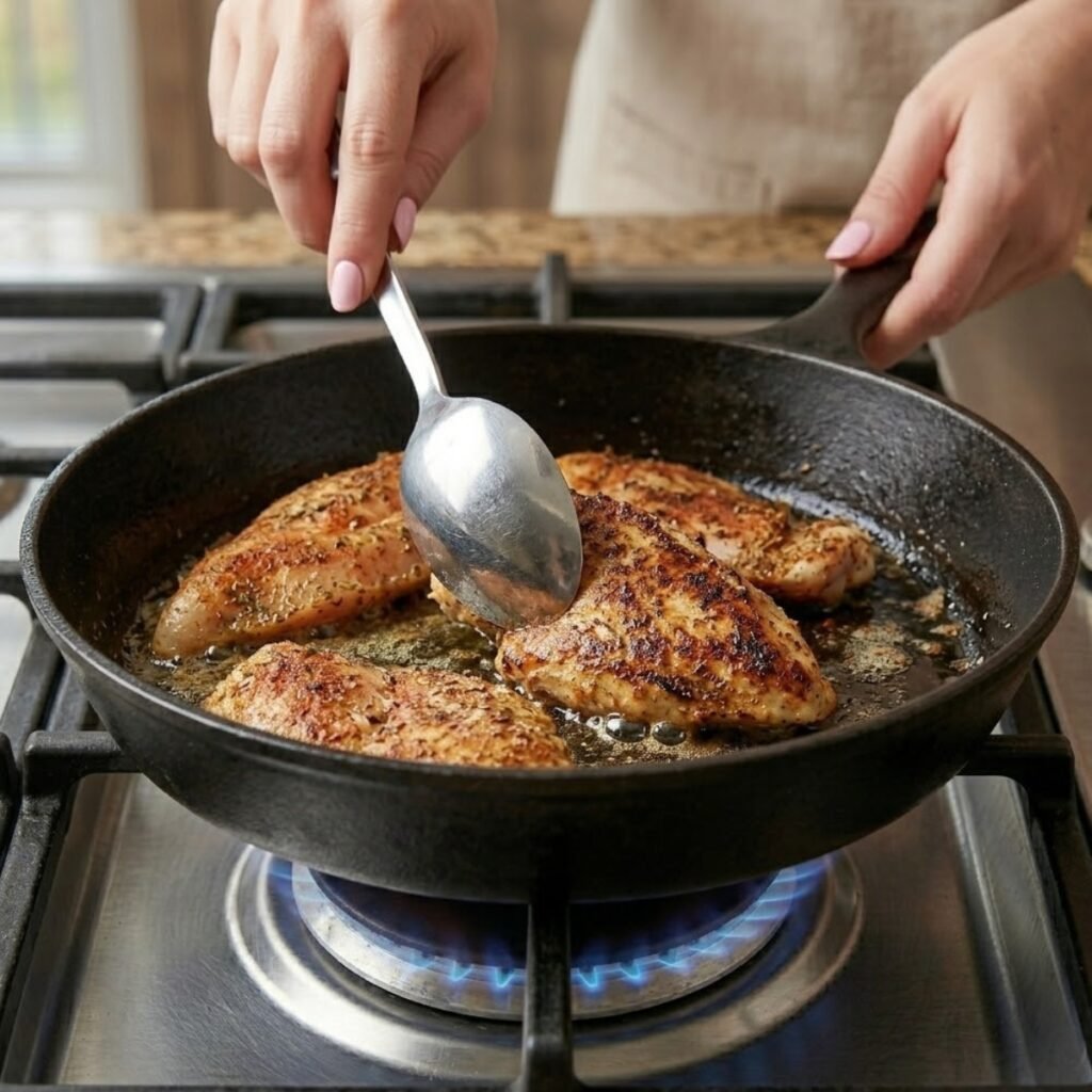 Close up of hands with baby pink nails using a spoon to sear seasoned chicken breast cutlets in a hot frying skillet on a gas stove.