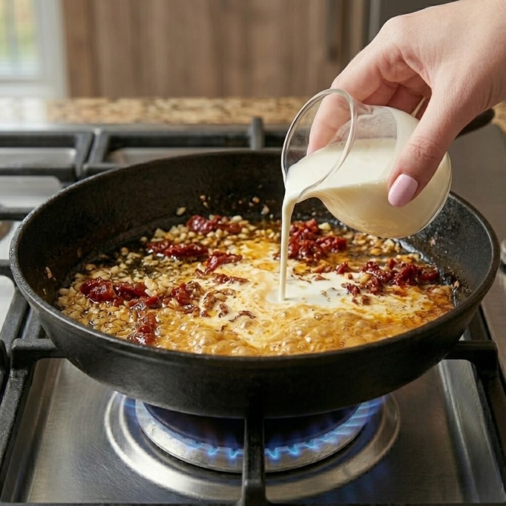 Close up of a hand pouring thick heavy cream into a hot skillet with sun-dried tomatoes and garlic to create a rich cream sauce.