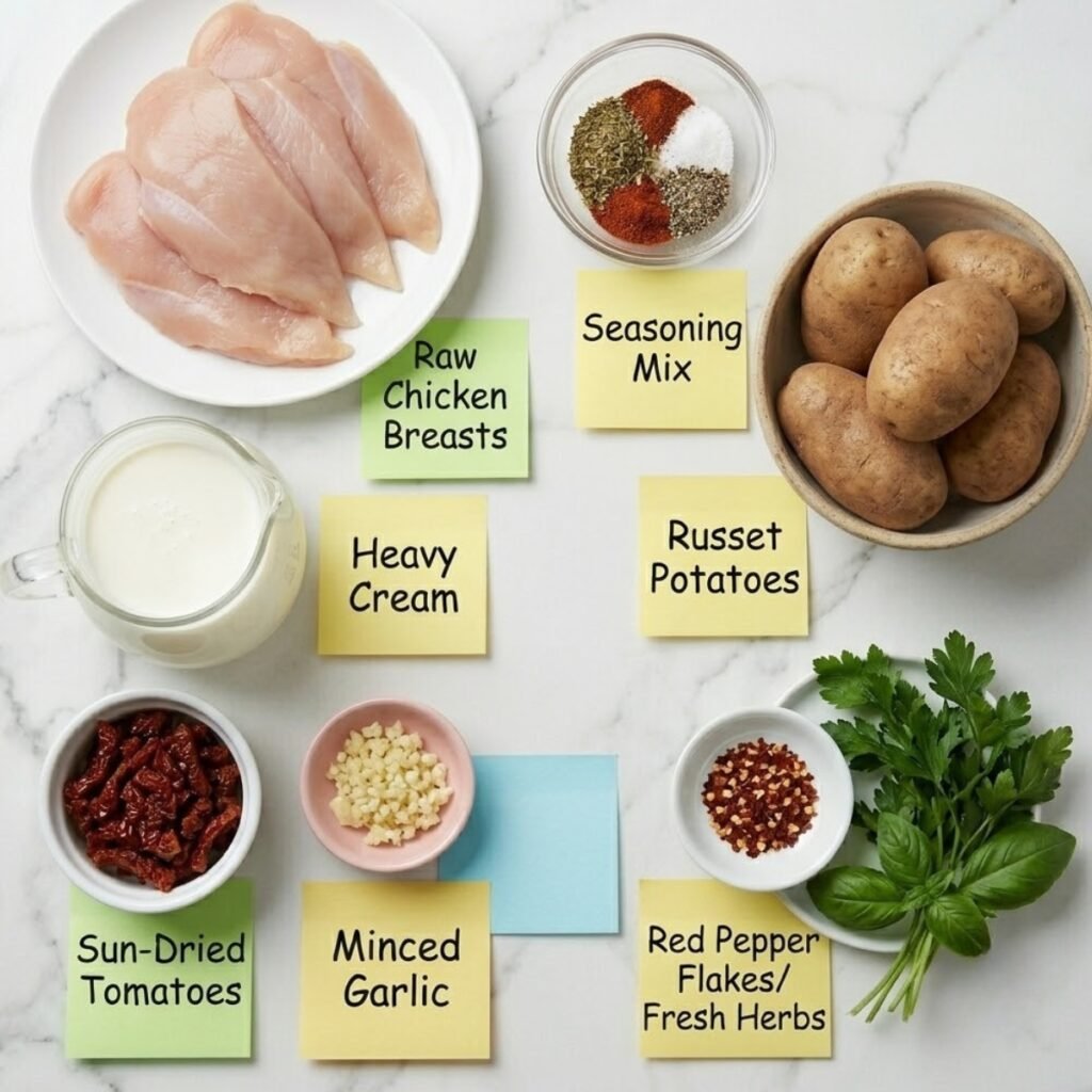 Top down flat lay of Marry Me Chicken ingredients including chicken cutlets, heavy cream, sun-dried tomatoes, garlic, spices, and potatoes on a marble counter with sticky notes.