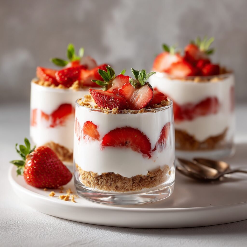 Three layered strawberry yogurt dessert cups with a graham cracker crumb base, creamy white yogurt, fresh sliced strawberries, and a mint garnish, served on a white plate with whole strawberries and spoons alongside.
