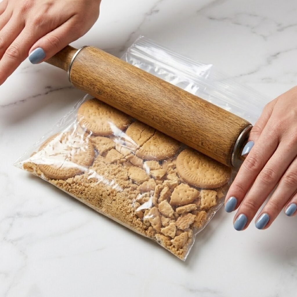 Close up of hands with fog blue nails using a wooden rolling pin to crush butter cookies inside a clear plastic bag on a marble counter.
