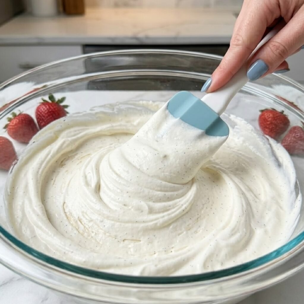 Close up of a hand folding yogurt and vanilla paste into stiff whipped cream using a silicone spatula in a glass bowl.