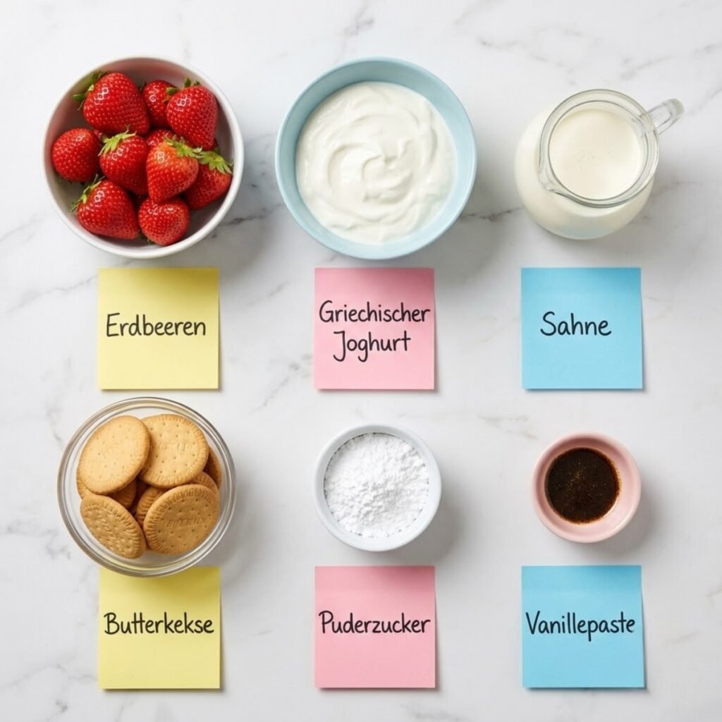 Top down flat lay of dessert ingredients including fresh strawberries, Greek yogurt, heavy cream, and butter cookies in colored bowls on a marble counter with sticky notes.