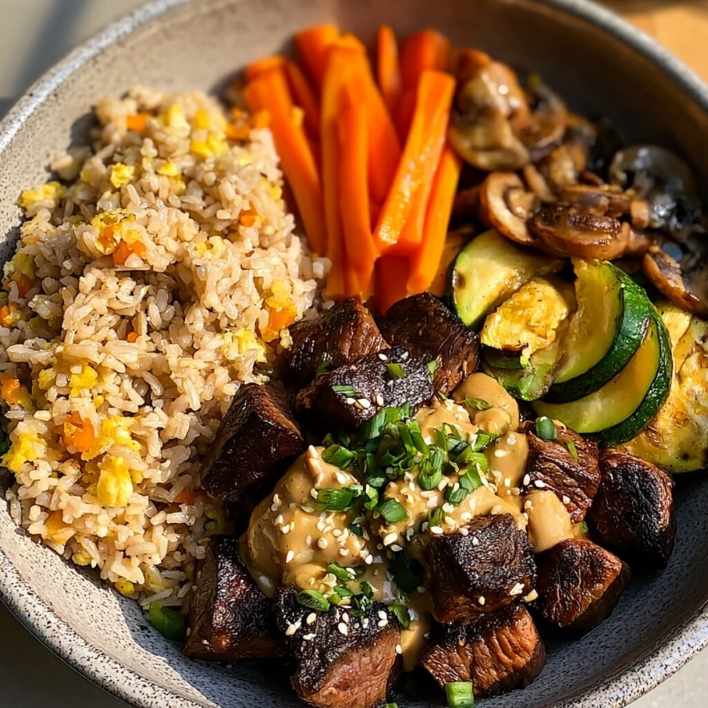 A hibachi steak bowl in a speckled ceramic bowl with seared steak bites drizzled in yum yum sauce and sesame seeds, alongside hibachi fried rice with egg, sautéed carrot sticks, zucchini rounds, and sliced mushrooms, garnished with sliced green onions.