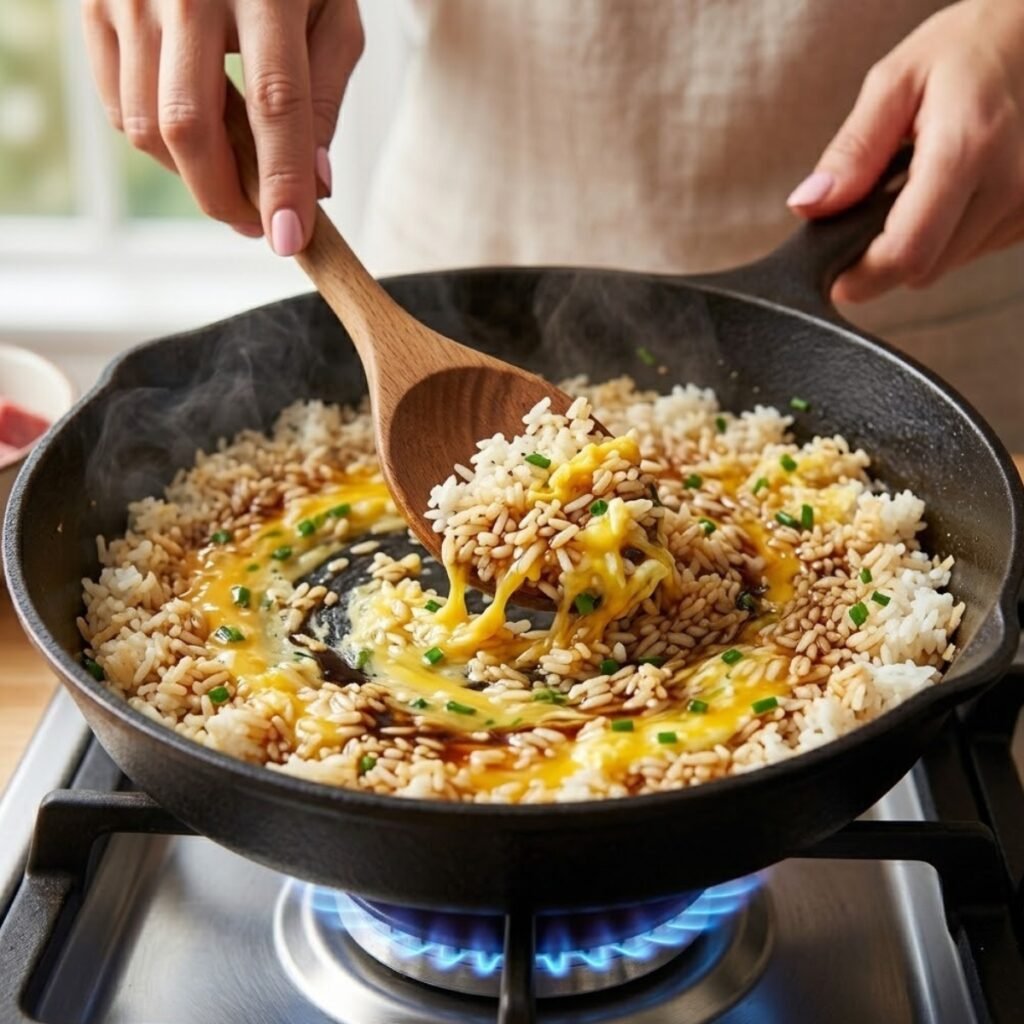 Close up of hands with baby pink nails using a wooden spoon to stir-fry jasmine rice with egg and soy sauce in a hot skillet on a gas stove.