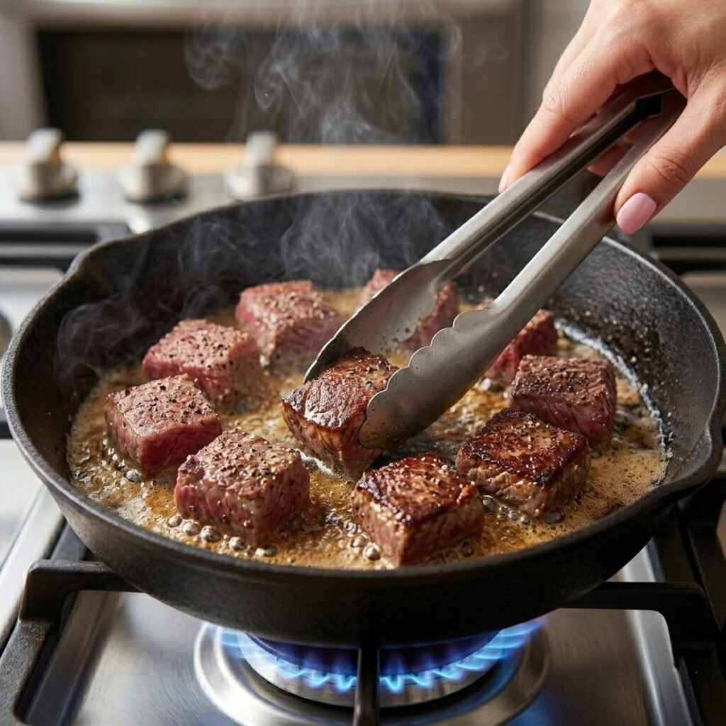 Close up of a hand using metal tongs to pan-sear cubed steak bites in bubbling garlic butter inside a hot iron skillet with steam.