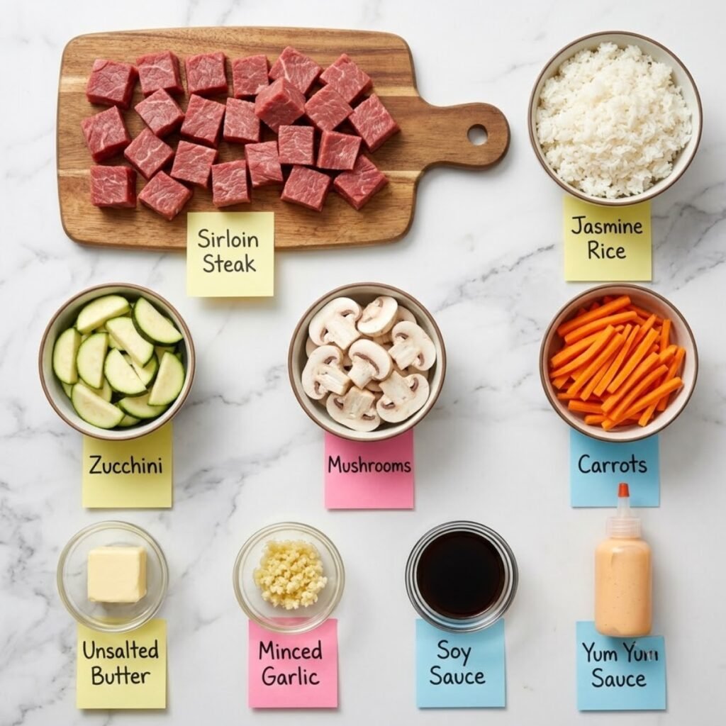 Top down flat lay of hibachi steak bowl ingredients including cubed sirloin, jasmine rice, sliced zucchini, mushrooms, carrot matchsticks, and yum yum sauce on a marble counter with sticky notes.