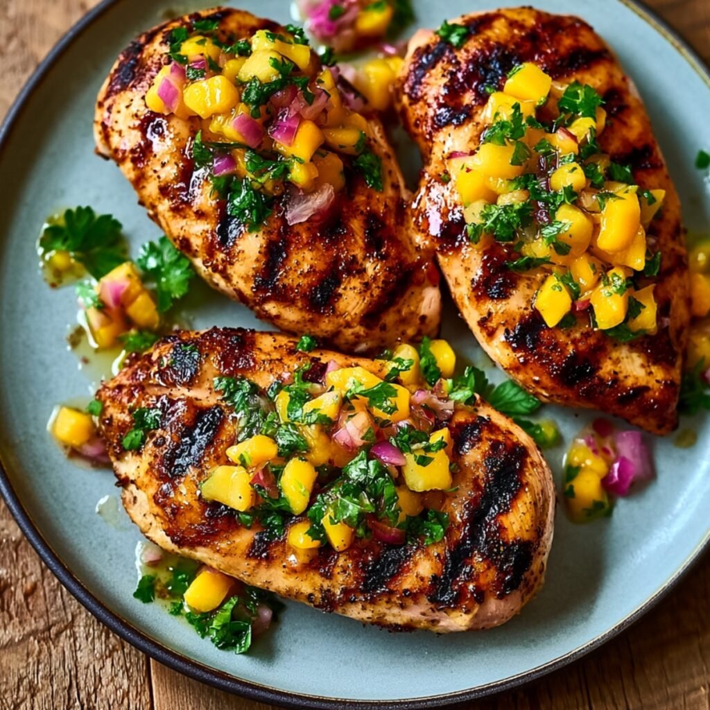 Four grilled honey lime chicken breasts on a blue plate, topped with a fresh mango salsa of diced mango, red onion, and chopped cilantro.