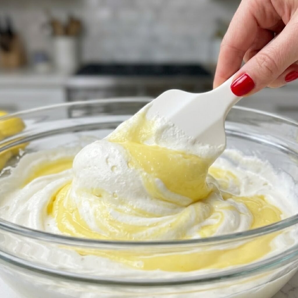Close up of a hand gently folding fluffy whipped cream into a yellow lemon base with a silicone spatula inside a glass bowl.