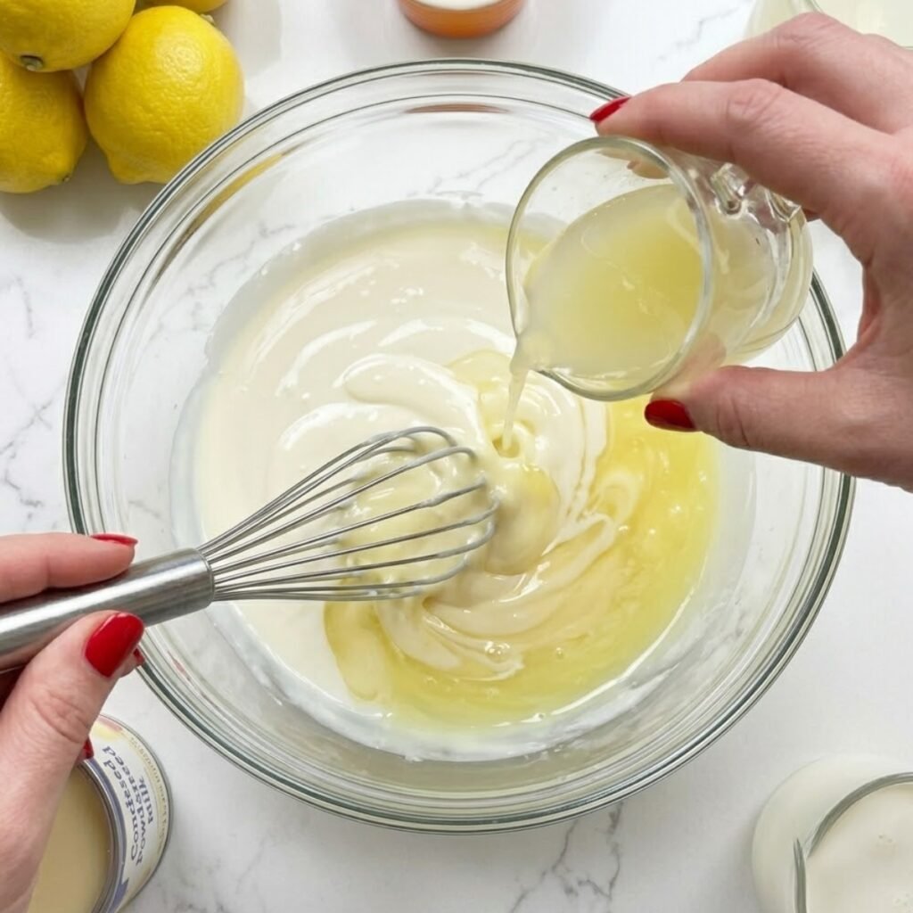 Close up of hands with classic red nails whisking fresh lemon juice into sweetened condensed milk inside a glass bowl.