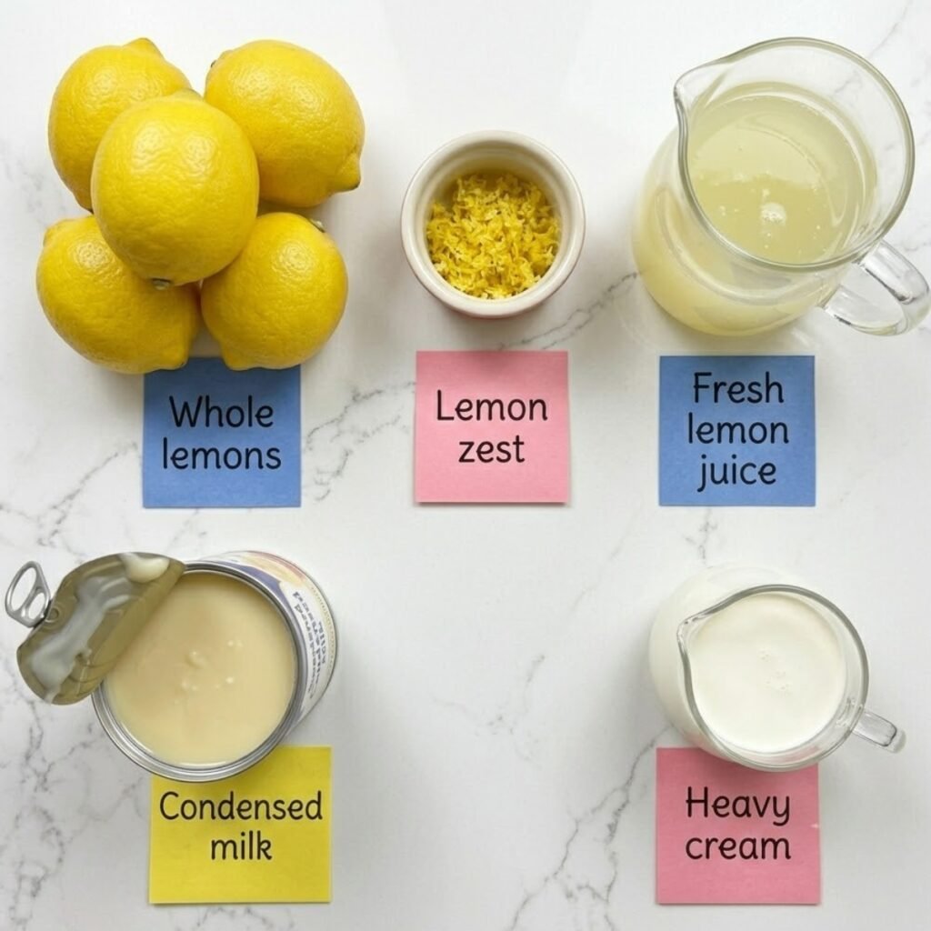 Top down flat lay of mousse ingredients including whole lemons, fresh juice, zest, condensed milk, and heavy cream on a marble counter with sticky notes.