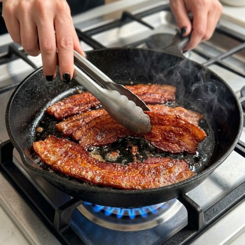 Close up of hands with glossy black nails using tongs to fry thick-cut bacon slices in a sizzling iron skillet on a gas stove.