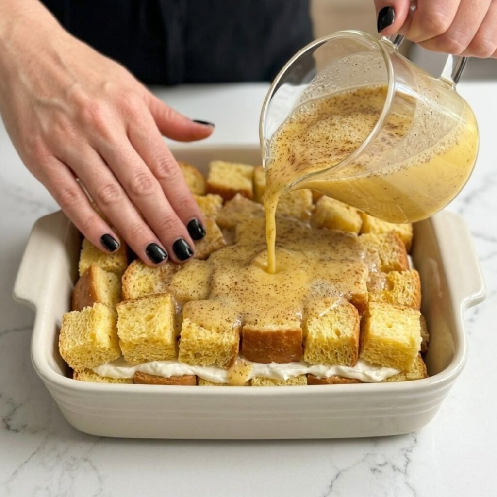 Close up of a hand pouring cinnamon egg custard wash over layered brioche bread chunks in a square ceramic baking dish.