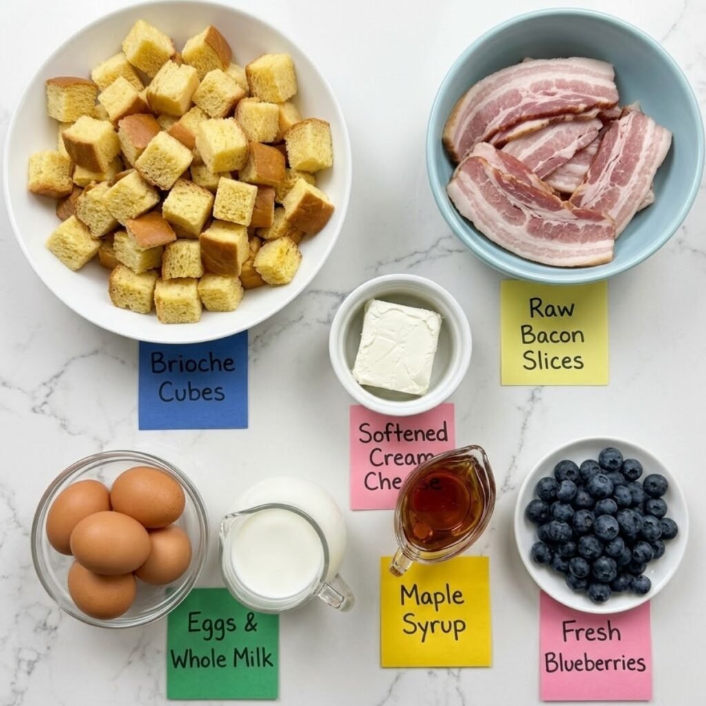Top down flat lay of breakfast casserole ingredients including brioche cubes, thick-cut bacon, cream cheese, maple syrup, eggs, and blueberries on a marble counter with handwritten labels.