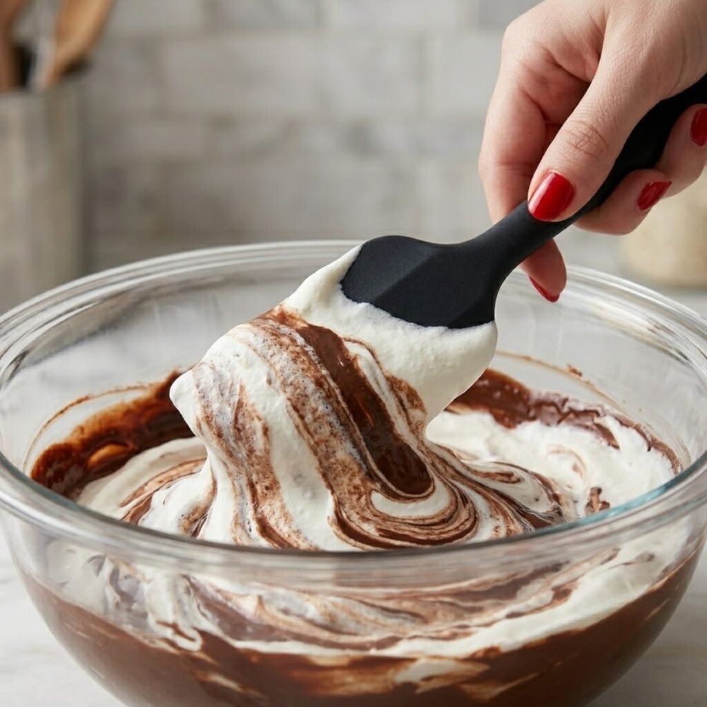 Close up of a hand using a spatula to gently fold melted chocolate into fluffy whipped cream inside a glass mixing bowl.