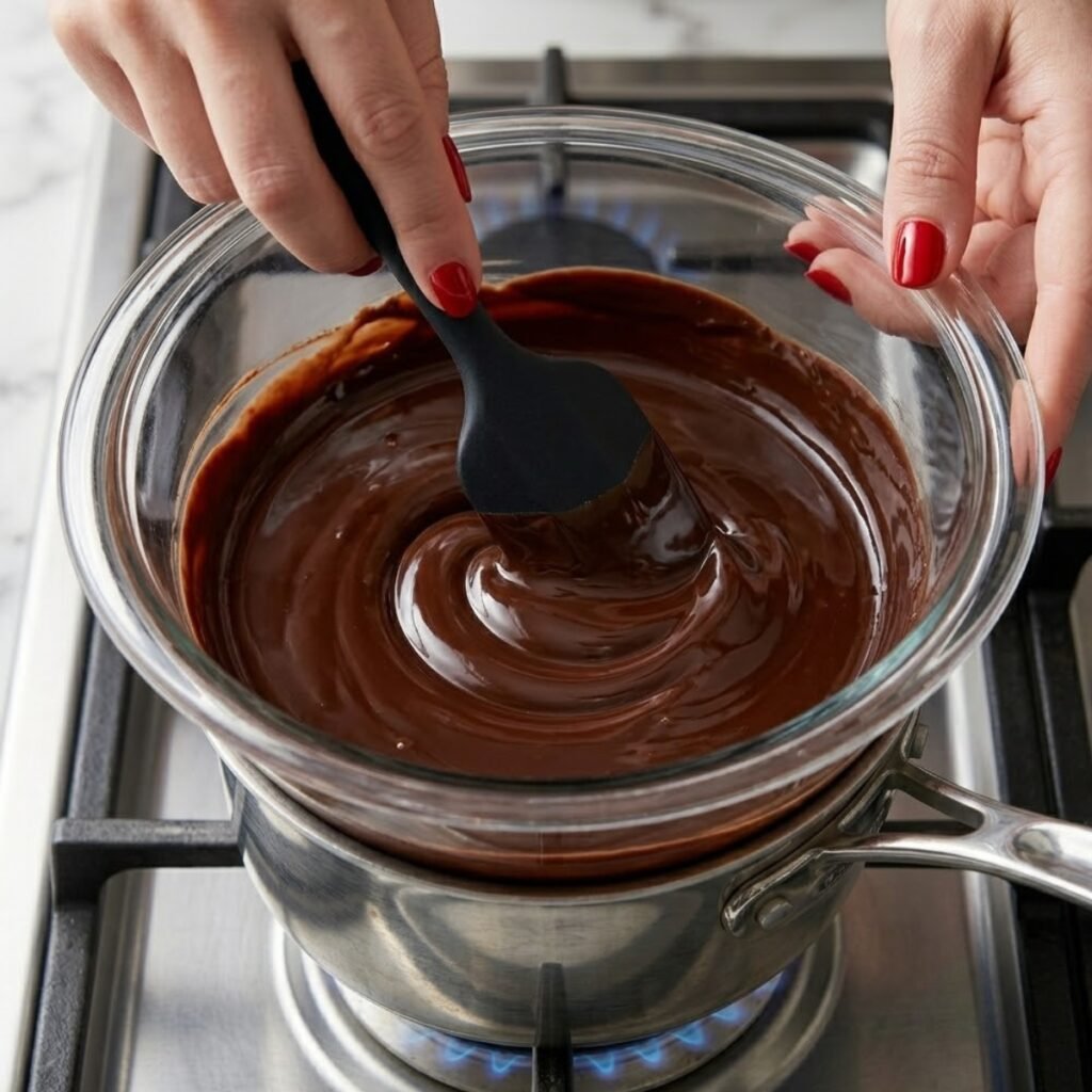 Close up of hands with classic red nails stirring chopped dark chocolate chunks as they melt into a glossy liquid over a double boiler.