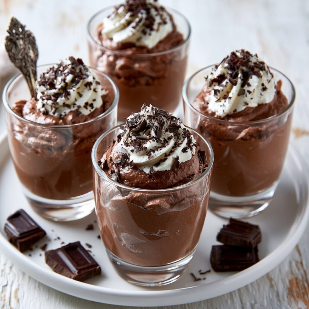 Four glass cups filled with rich dark chocolate mousse, topped with swirled whipped cream and dark chocolate shavings, arranged on a white plate with chocolate pieces scattered around, with a vintage silver spoon in one glass on a rustic white wooden surface.