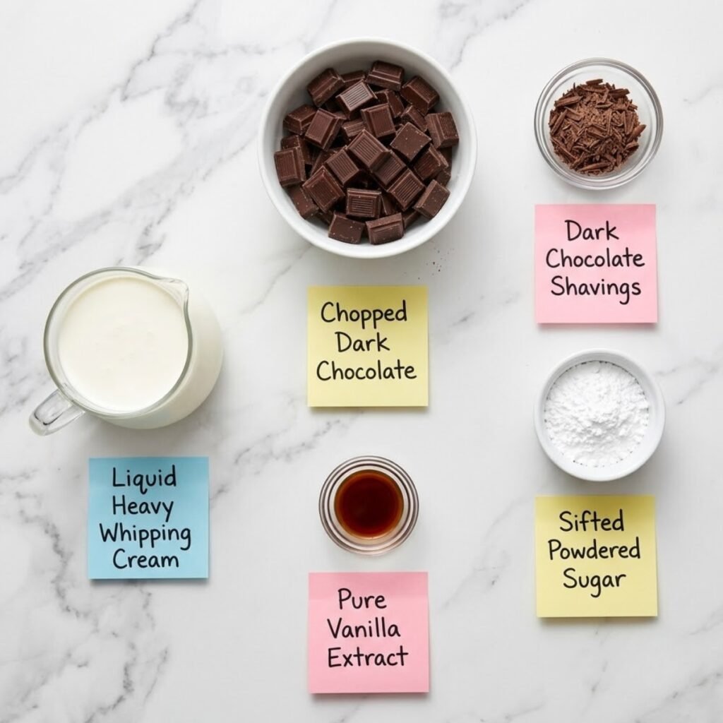Top down flat lay of eggless chocolate mousse ingredients including chopped dark chocolate, heavy cream, powdered sugar, vanilla, and chocolate shavings on a marble counter with sticky notes.
