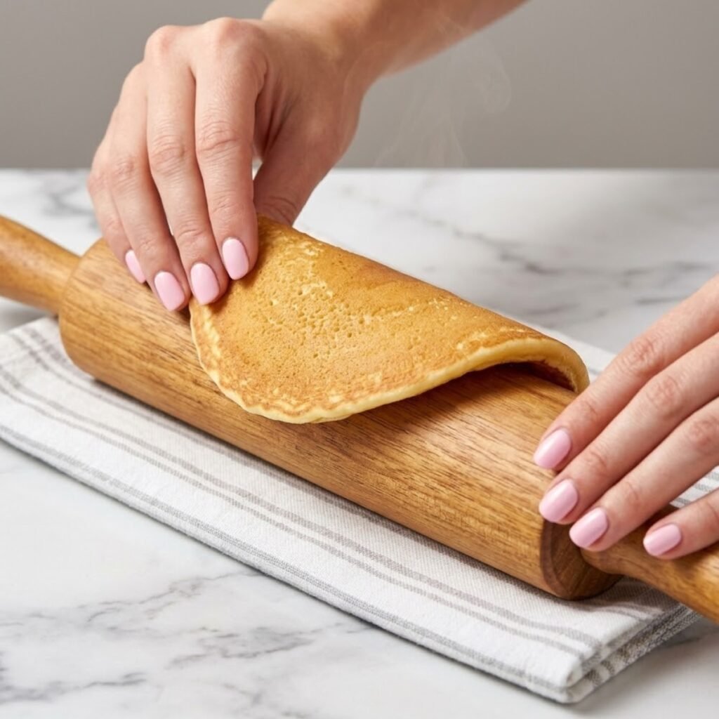 Close up of hands with baby pink nails draping a warm, freshly cooked pancake over a wooden rolling pin to shape it into a curved taco shell.