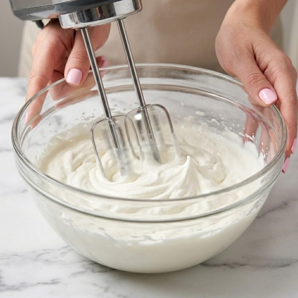 Close up of a hand with pink nails using an electric hand mixer to whip cold heavy cream into thick, fluffy stiff peaks in a glass bowl.