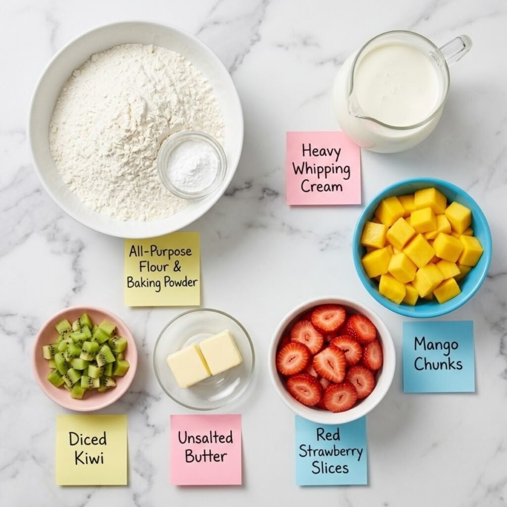 Top down flat lay of pancake taco ingredients including flour, heavy cream, mango chunks, sliced strawberries, and diced kiwi on a marble counter with handwritten sticky notes.