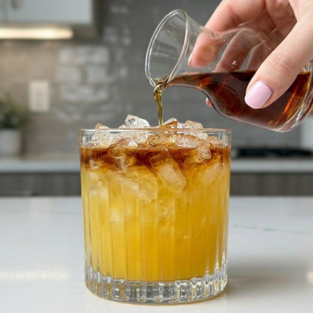 Close up of a hand trickling dark rum over crushed ice into a glass of pineapple mango juice to create a layered cocktail float.