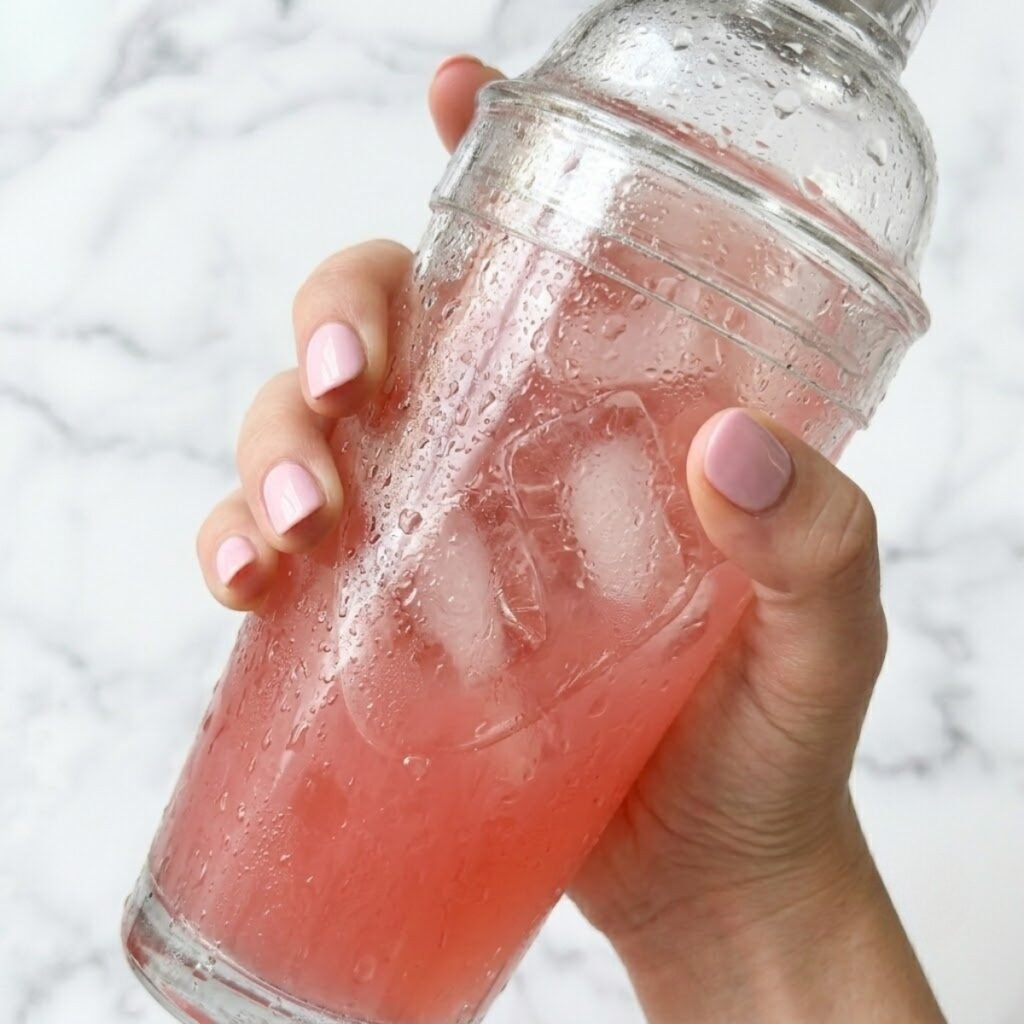 Close up of hands with pastel pink nails shaking a heavily frosted metal cocktail shaker over a marble counter.