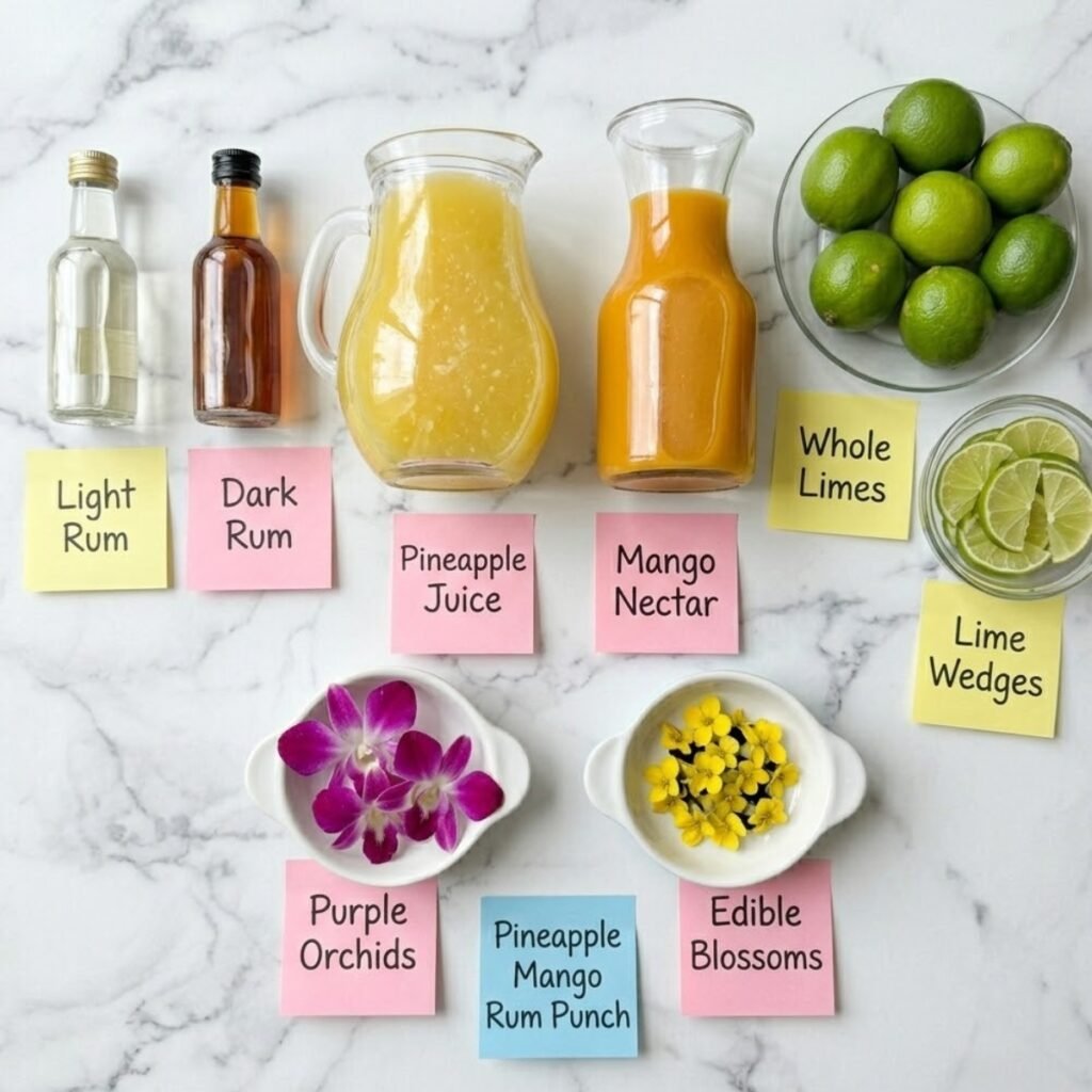 Top down flat lay of rum punch ingredients including light and dark rum, pineapple juice, mango nectar, fresh limes, and edible orchids on a marble counter with sticky notes.