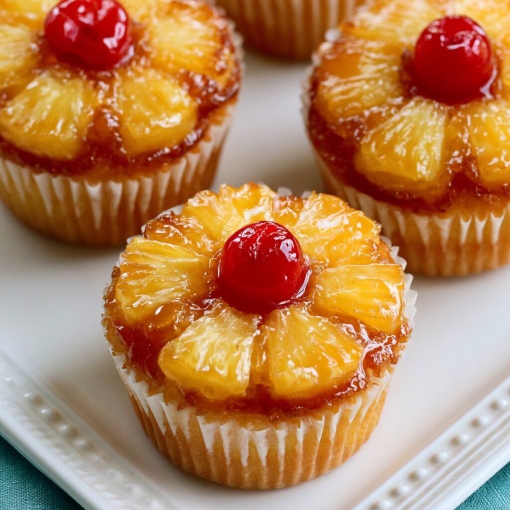 Three pineapple upside-down cupcakes on a white plate, each topped with a caramelized pineapple ring and a bright red maraschino cherry in the center.