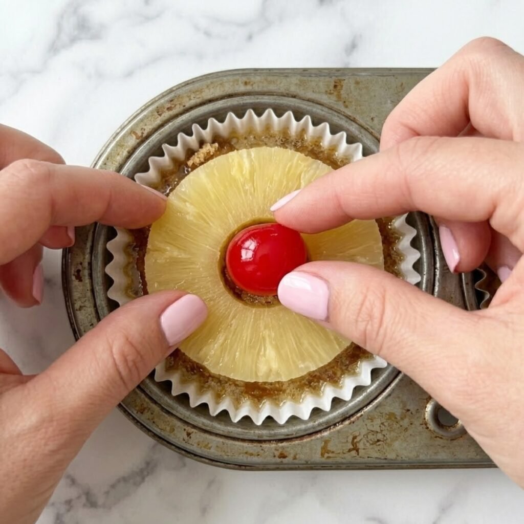Close up of hands with baby pink nails placing a maraschino cherry into the center of a canned pineapple ring inside a lined cupcake tin.