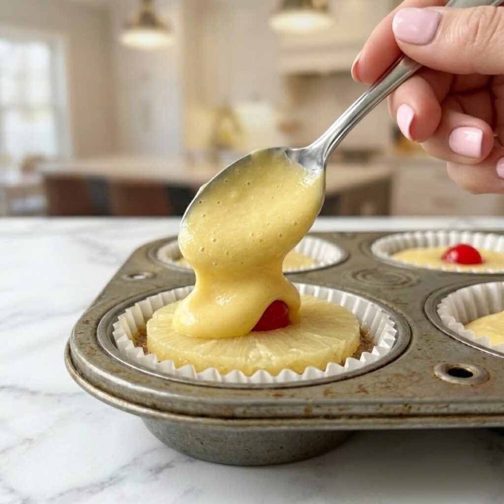 Close up of a hand spooning thick yellow cake batter over a pineapple and cherry layer inside a muffin tin line.