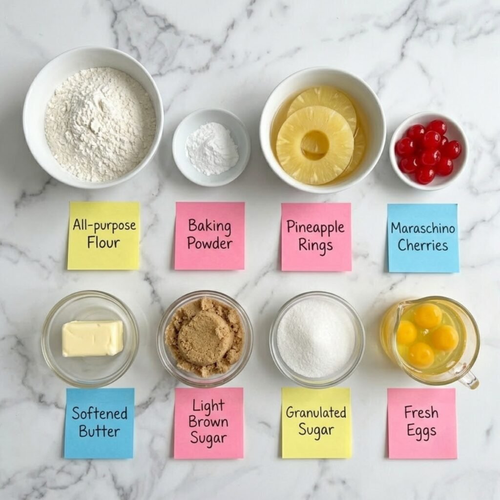 Top down flat lay of cupcake ingredients including flour, pineapple slices, maraschino cherries, brown sugar, butter, and eggs on a marble counter with sticky notes.