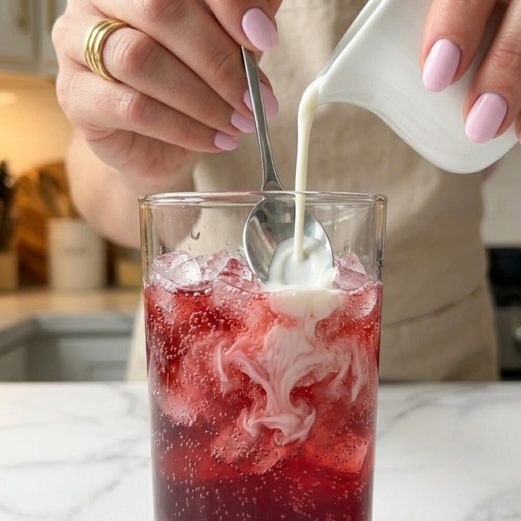 Close up of a hand pouring half-and-half cream over the back of a spoon into a glass of red soda to create a layered cream effect.