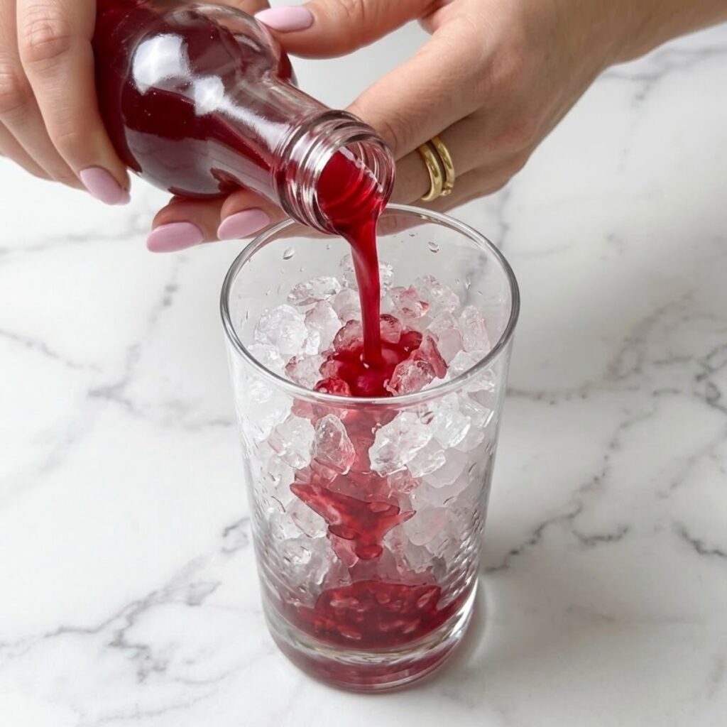 Close up of hands with pastel pink nails pouring rich red raspberry syrup over crushed ice inside a tall glass.