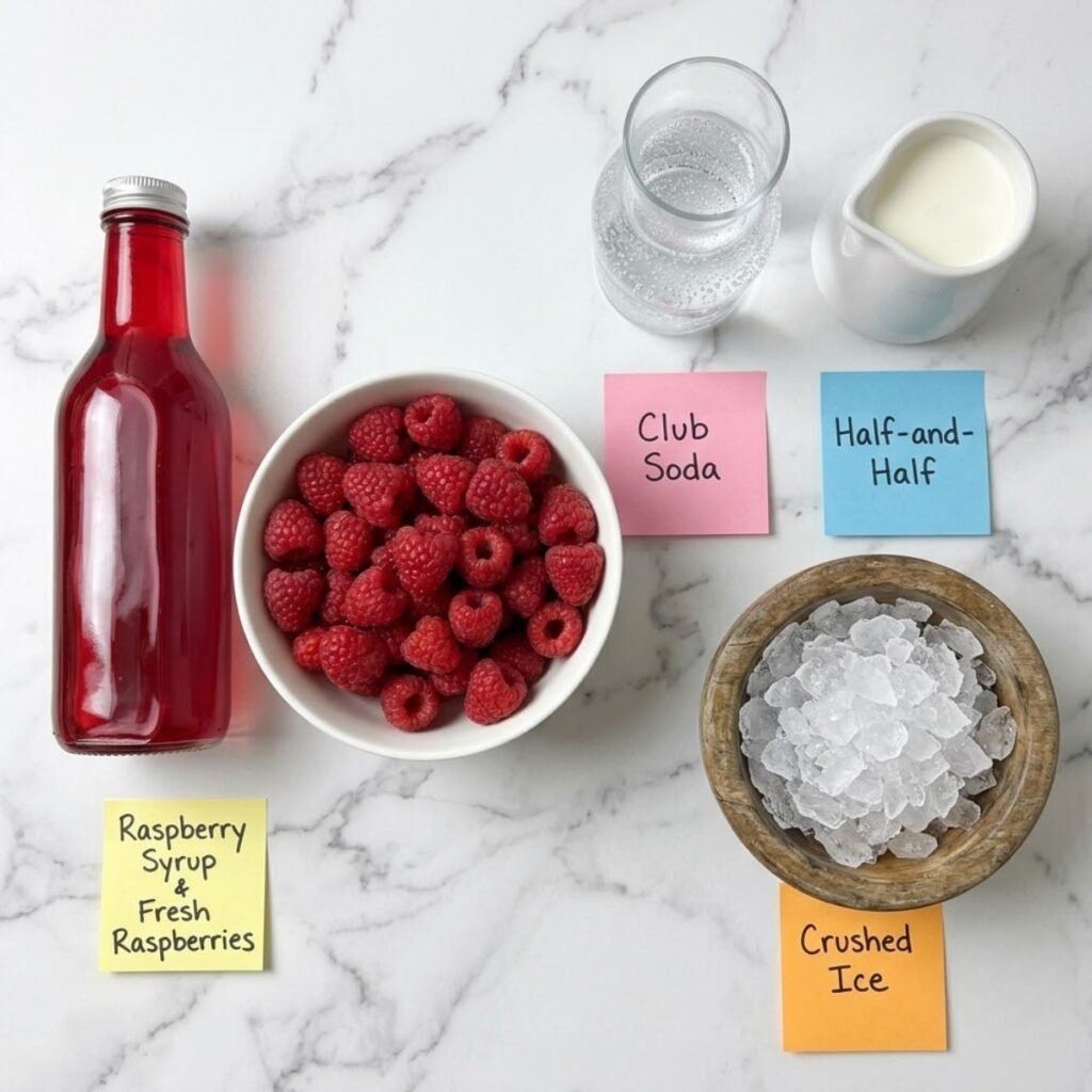 Top down flat lay of Italian soda ingredients including raspberry syrup, fresh berries, club soda, half-and-half cream, and ice with handwritten sticky notes.