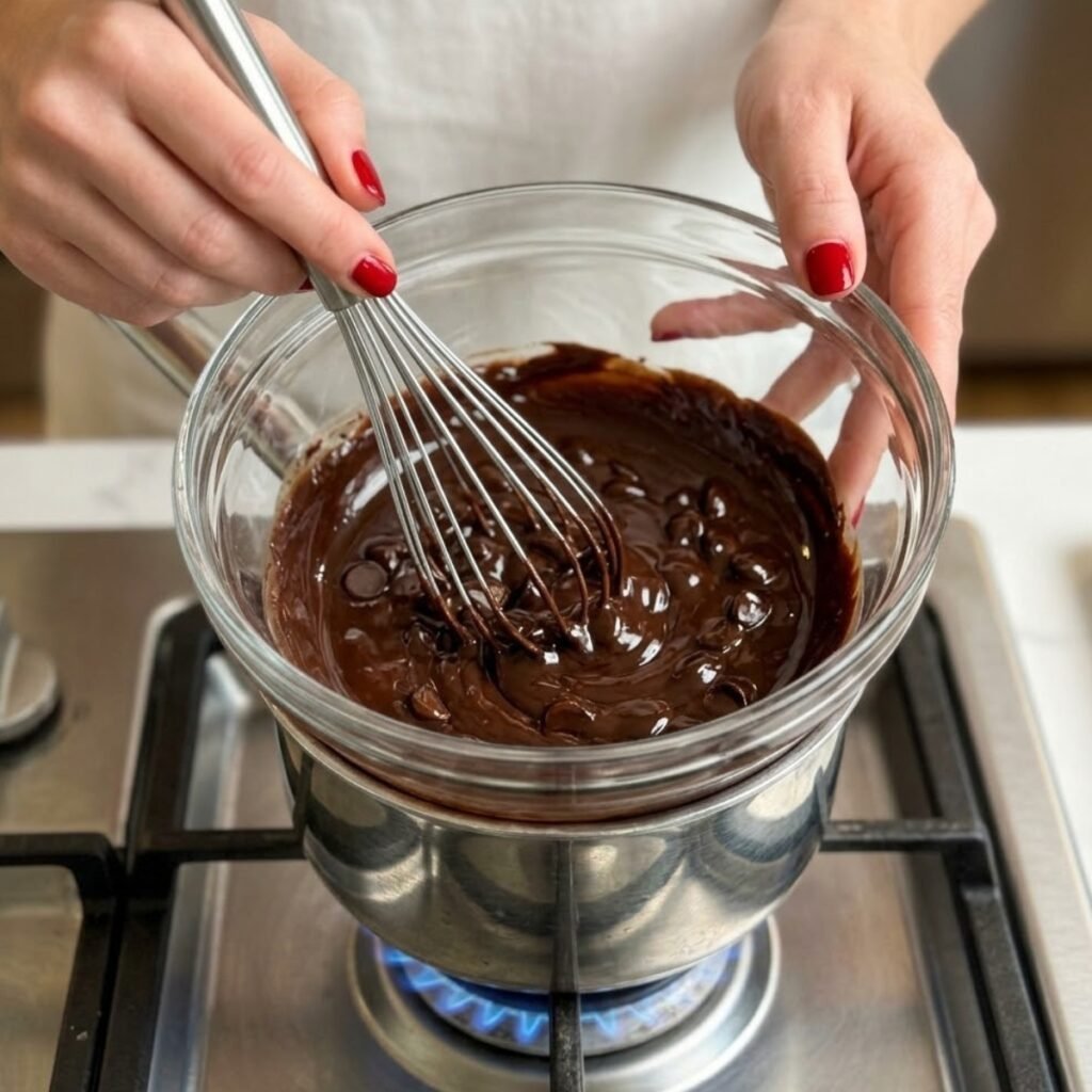Close up of hands with classic red nails whisking chocolate chips and butter in a glass bowl over a double boiler.