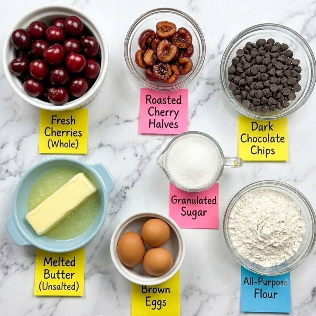 Top down flat lay of brownie ingredients including fresh cherries, dark chocolate chips, melted butter, flour, and eggs on a marble counter with sticky notes.