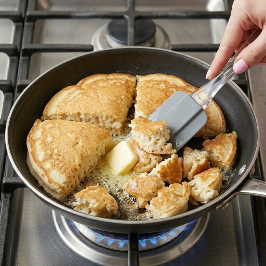 Close up of a hand using a silicone spatula to scramble and chop a thick pancake into bite-sized crispy nuggets inside a frying pan.
