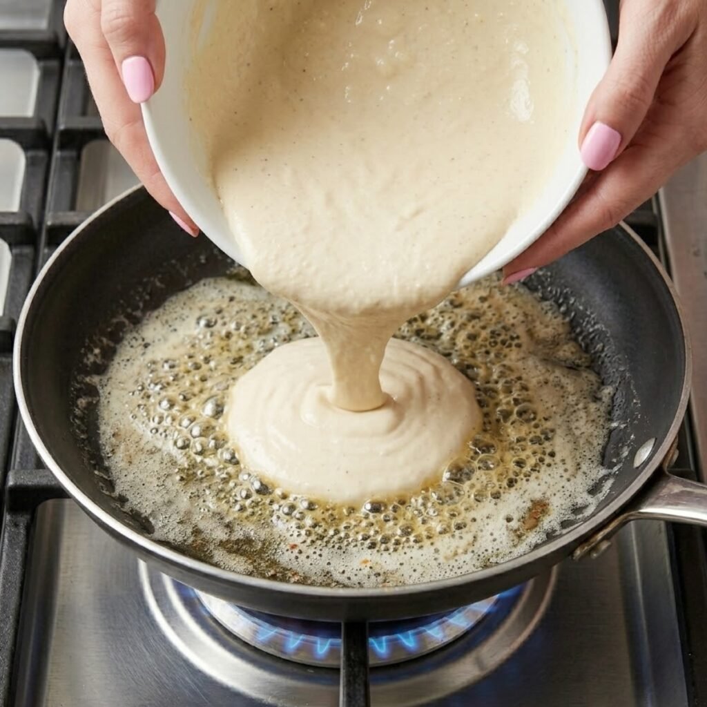Close up of hands with baby pink nails pouring thick pancake batter into a hot frying pan with sizzling melted butter.