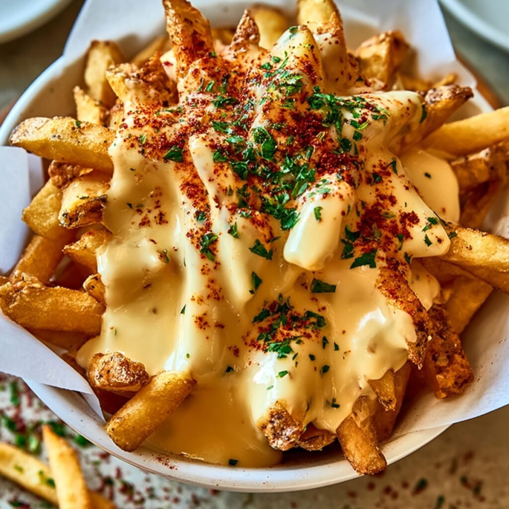 A basket of crispy golden fries smothered in creamy queso sauce, dusted with smoky red Cajun seasoning, and garnished with fresh chopped parsley.