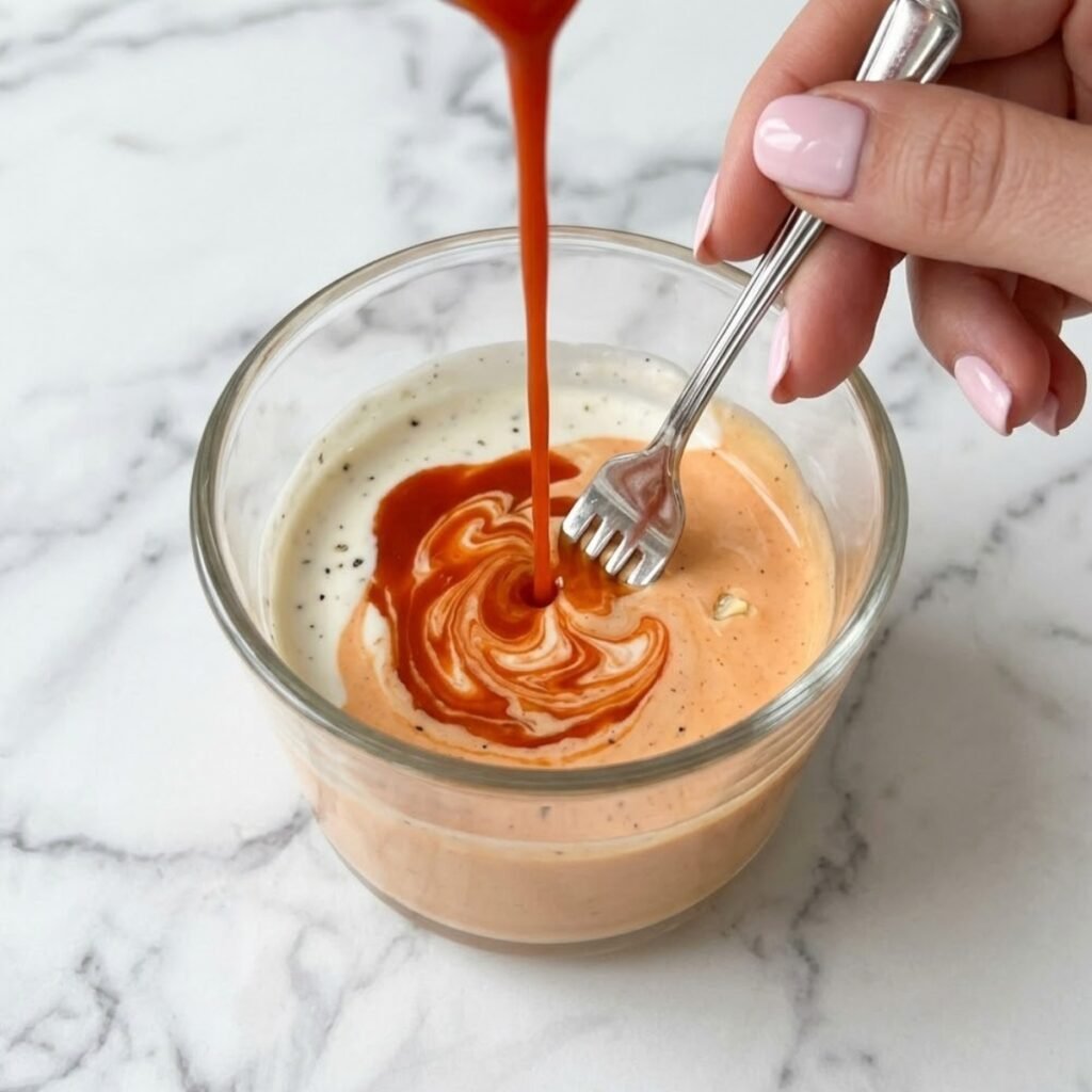 Close up of a hand whisking red buffalo hot sauce into white ranch dressing with a fork to create a pastel-orange drizzle.