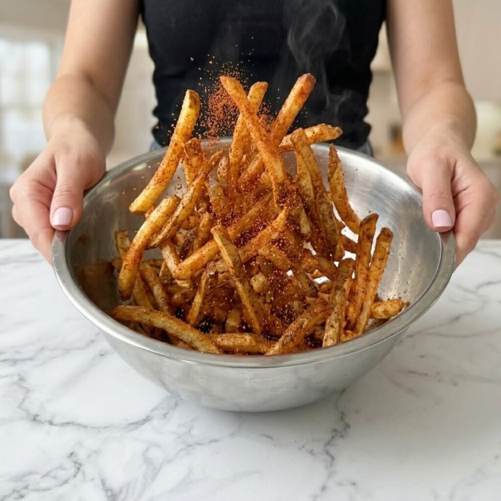Close up of hands with pink nails tossing hot, skin-on french fries in a stainless steel bowl with red Cajun seasoning.