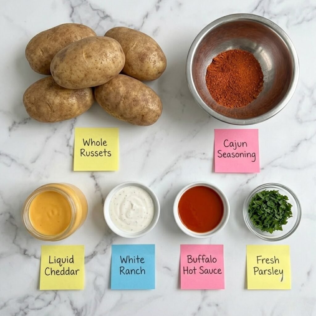 Top down flat lay of voodoo fries ingredients including russet potatoes, Cajun seasoning, cheddar cheese sauce, ranch dressing, and buffalo sauce with sticky notes.