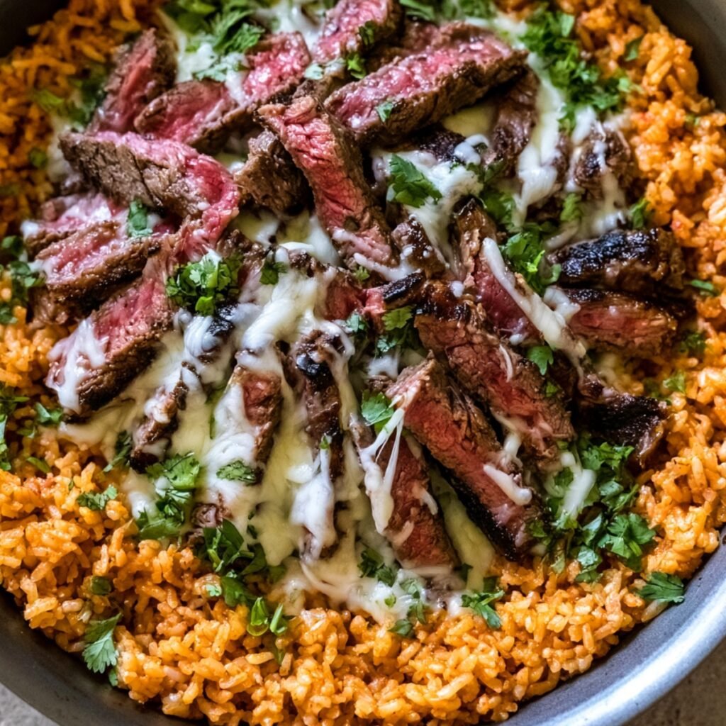 A bowl of seasoned Mexican rice topped with sliced medium-rare skirt steak, drizzled with melted queso, and garnished with fresh chopped cilantro.