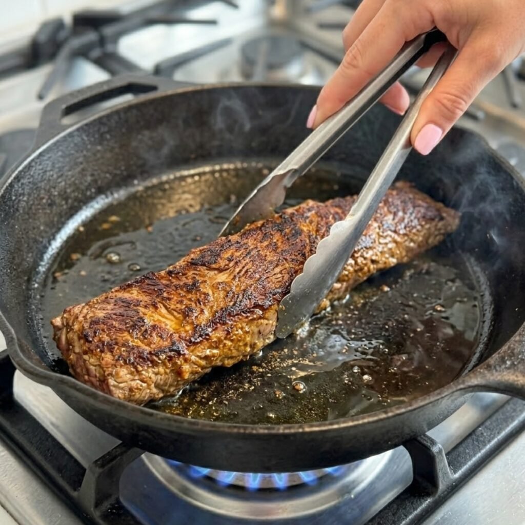 Close up of hands with pink nails using tongs to pan-sear seasoned skirt steak in a hot frying skillet on a gas stove.