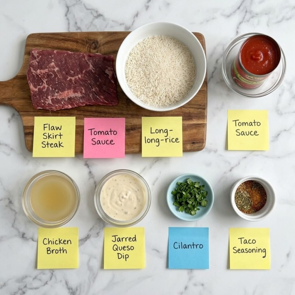 Top down flat lay of one-pan steak and rice ingredients including raw skirt steak, white rice, tomato sauce, queso cheese dip, and fresh cilantro with sticky notes.